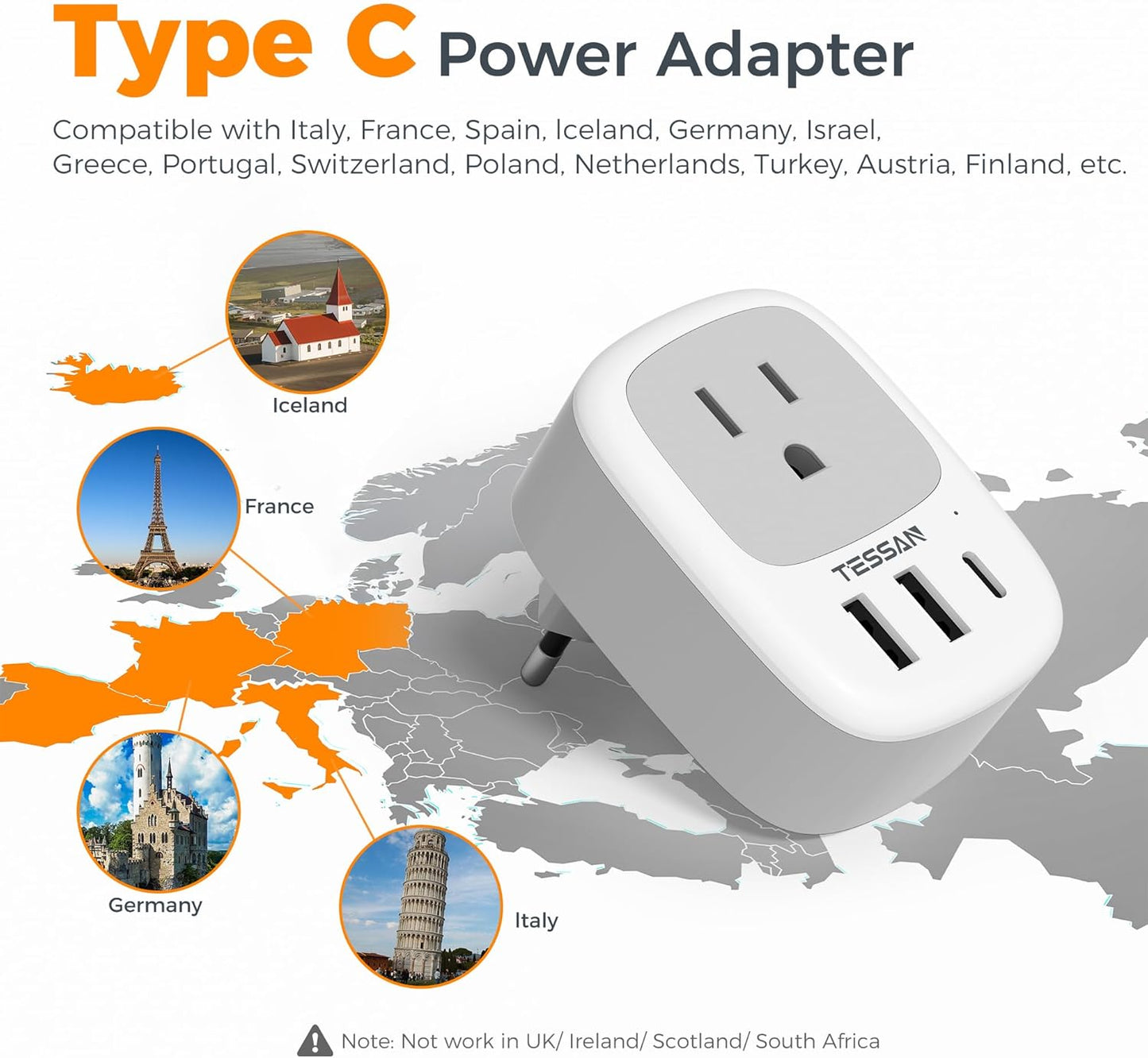 TESSAN Type C Plug Adaptor with 1 Outlet and 3 USB Ports