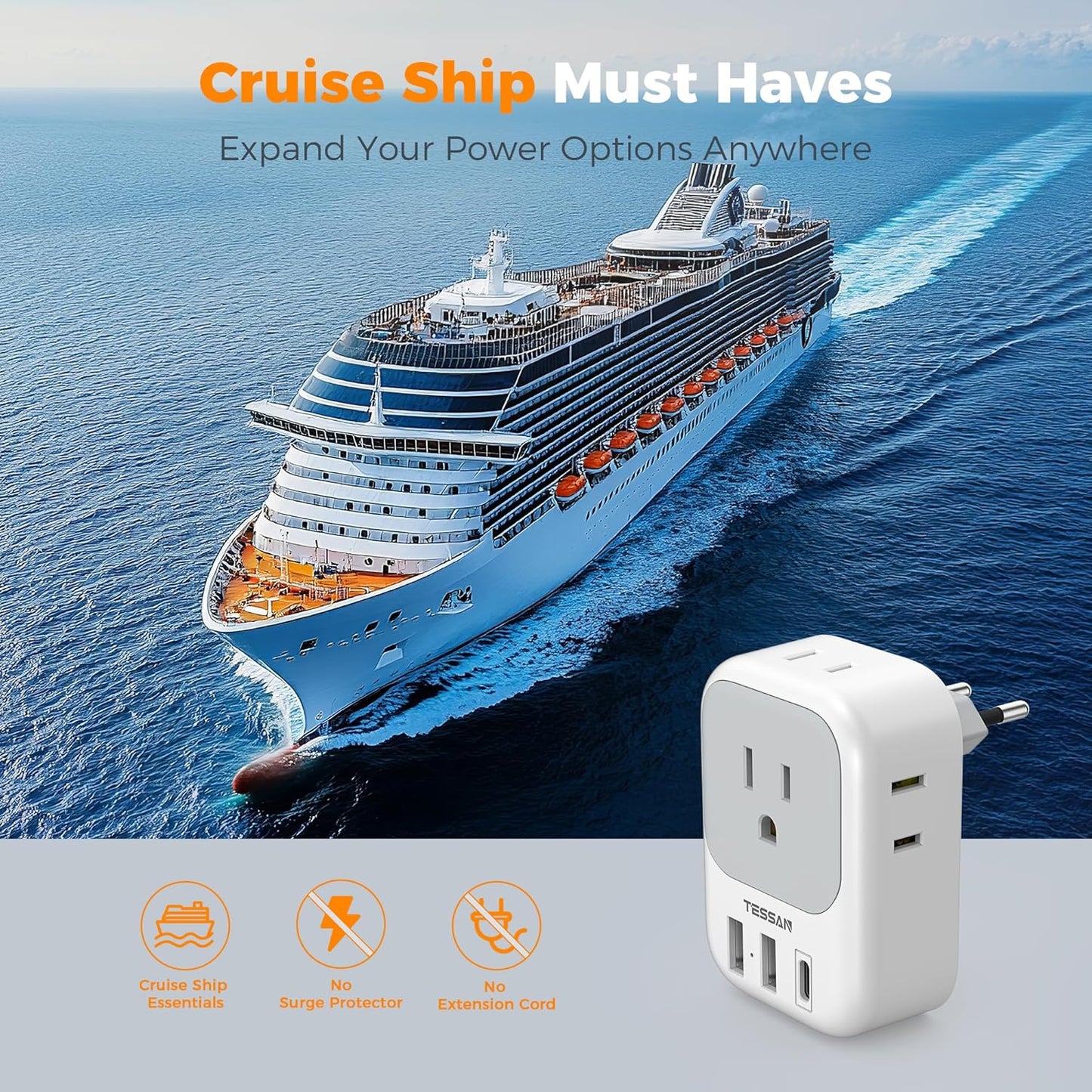 TESSAN Canada to Europe Plug Adapter with 4 AC Outlets