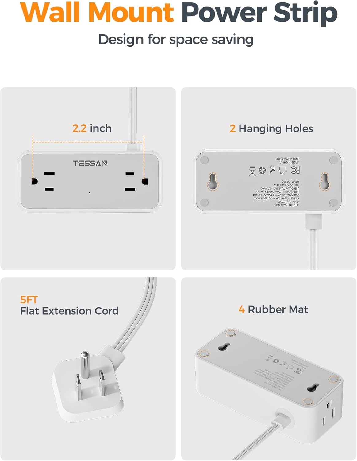 TESSAN Surge Protector Flat Extension Cord