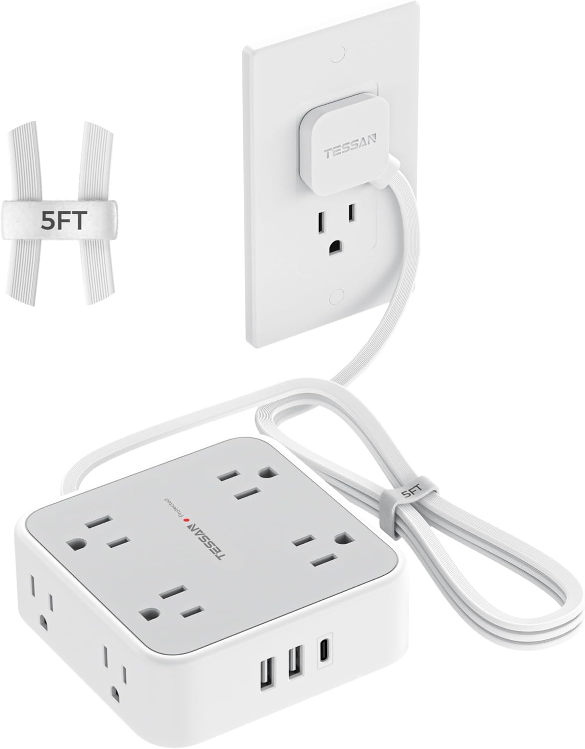 TESSAN 5 Ft Extension Cord Flat Plug Power Bar