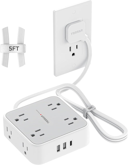 TESSAN 5 Ft Extension Cord Flat Plug Power Bar