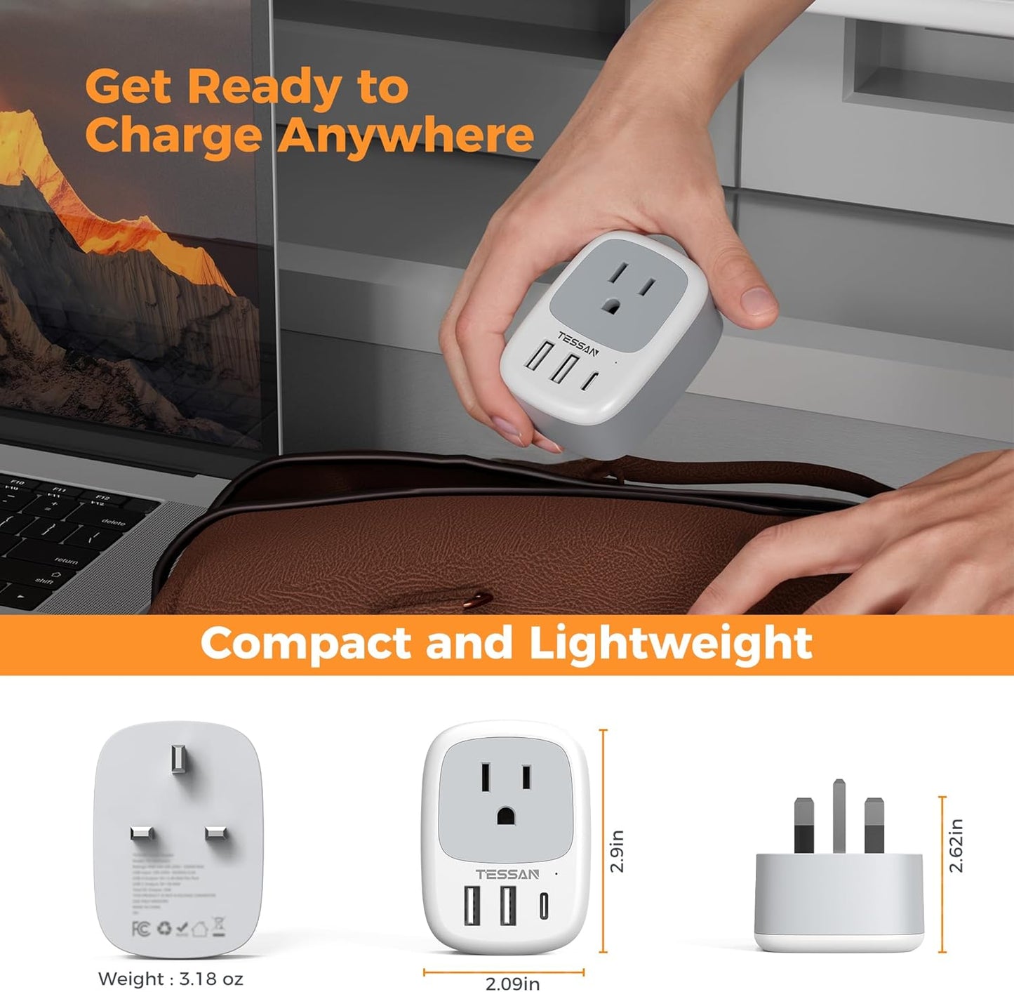 TESSAN Canada to UK Travel Adapter with 1 Outlet & 3 USB Ports