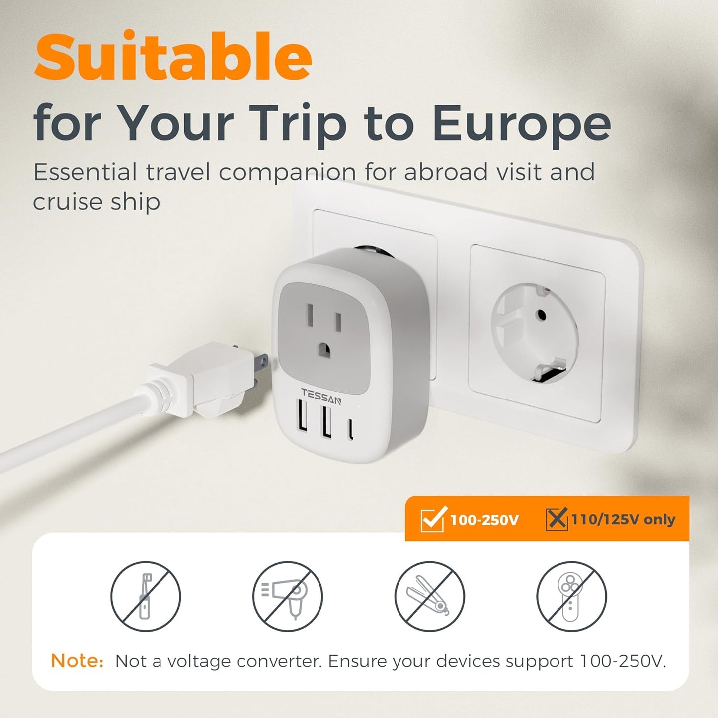 TESSAN Type C Plug Adaptor with 1 Outlet and 3 USB Ports