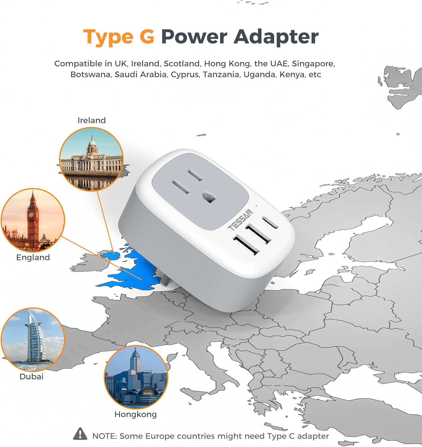 TESSAN Canada to UK Travel Adapter with 1 Outlet & 3 USB Ports