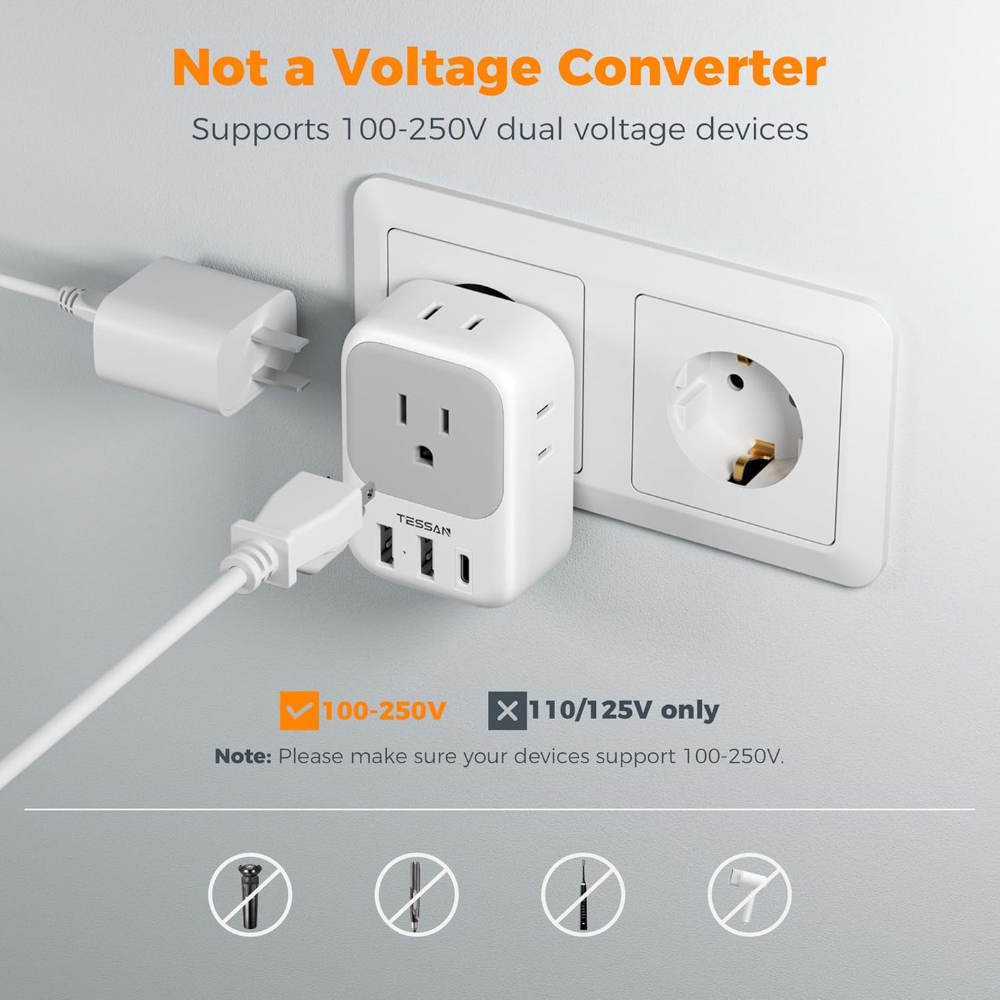 TESSAN Canada to Europe Plug Adapter with 4 AC Outlets