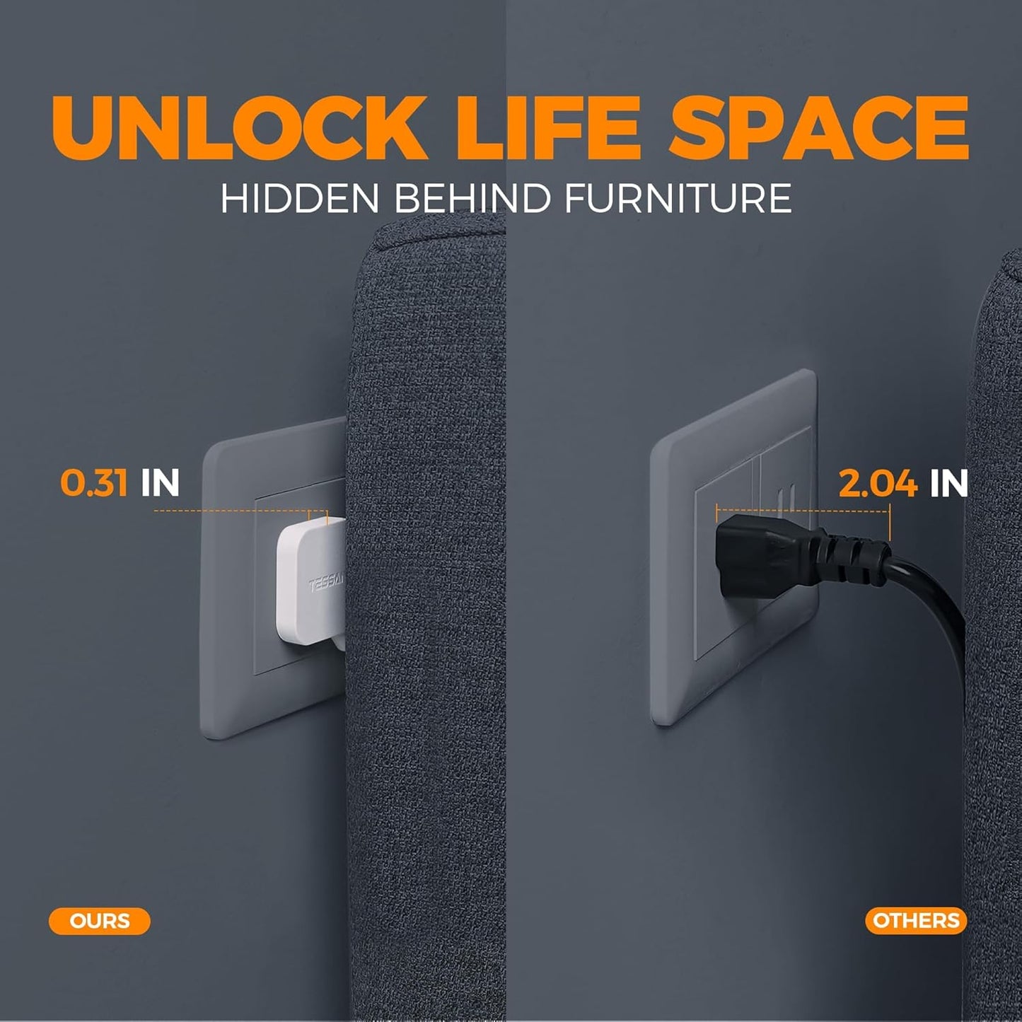 TESSAN Flat Plug Surge Protector Power Strip - 4 Outlets & 3 USB Ports (1 USB-C), 5ft Dorm/Home Office Charging Station, Gray