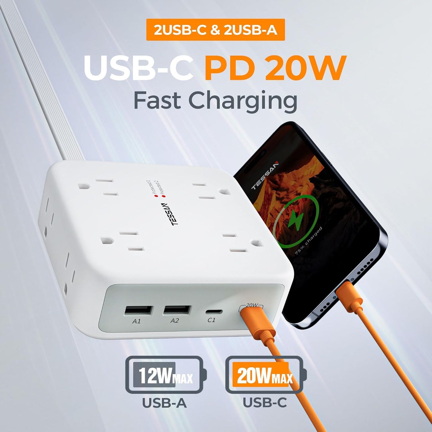 TESSAN Surge Protector Power Bar with 4 USB (2 USB C)
