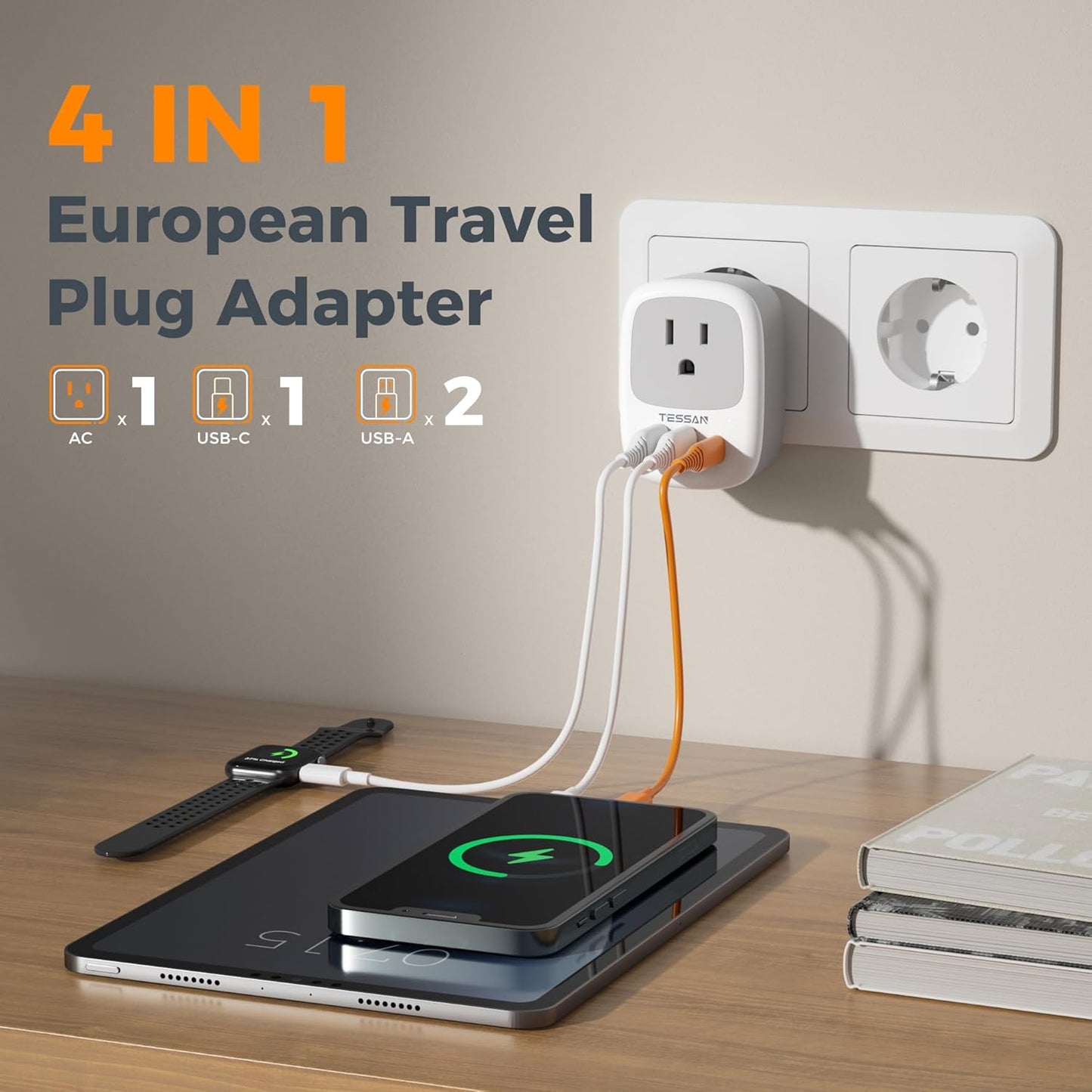 TESSAN Type C Plug Adaptor with 1 Outlet and 3 USB Ports