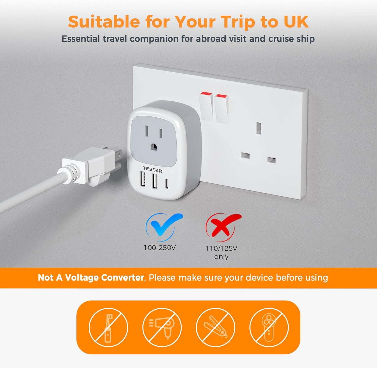 TESSAN Canada to UK Travel Adapter with 1 Outlet & 3 USB Ports