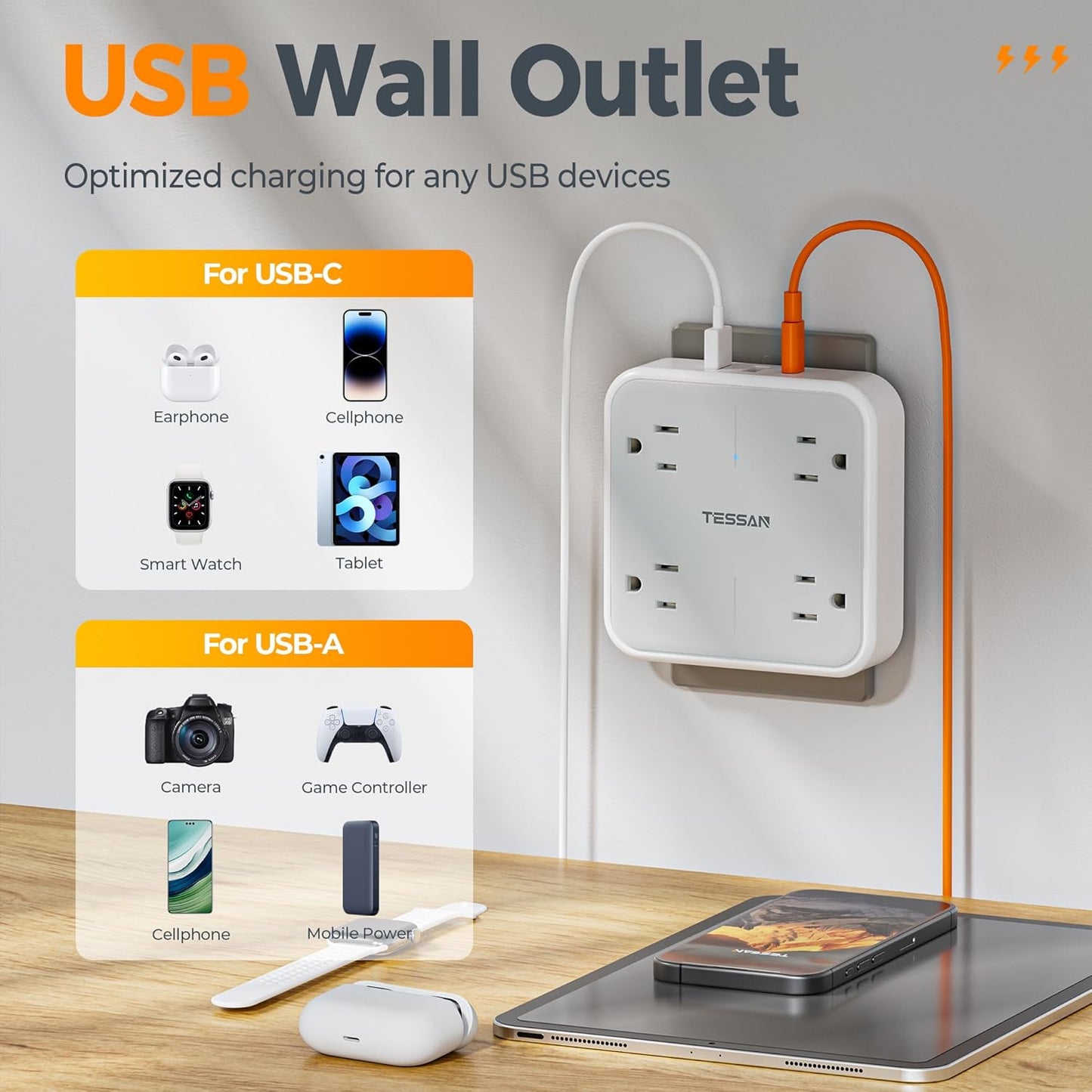 TESSAN 4 Multi Plug Outlet Splitter with USB Ports