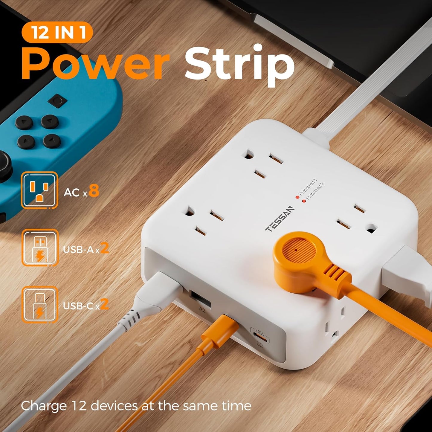 TESSAN Surge Protector Power Bar with 4 USB (2 USB C)