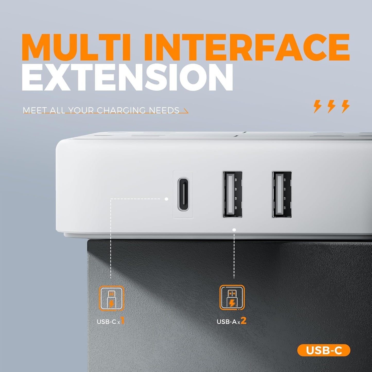 TESSAN Flat Plug Surge Protector Power Strip - 4 Outlets & 3 USB Ports (1 USB-C), 5ft Dorm/Home Office Charging Station, Gray