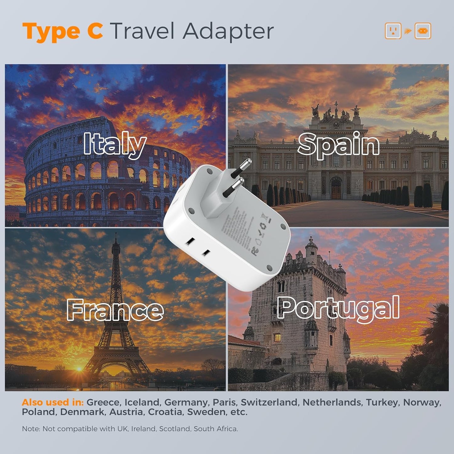 TESSAN Canada to Europe Plug Adapter with 4 AC Outlets
