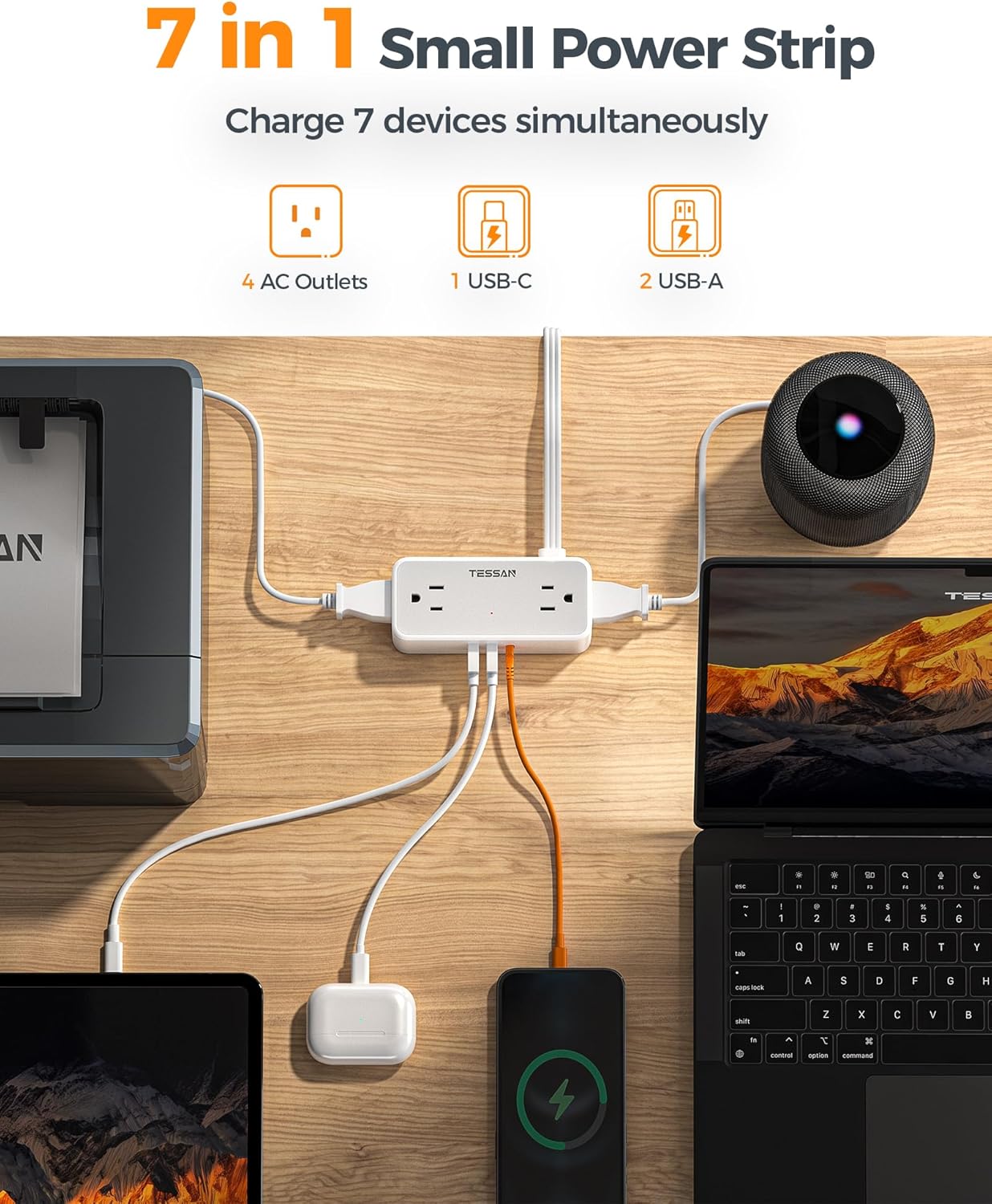 TESSAN Surge Protector Flat Extension Cord