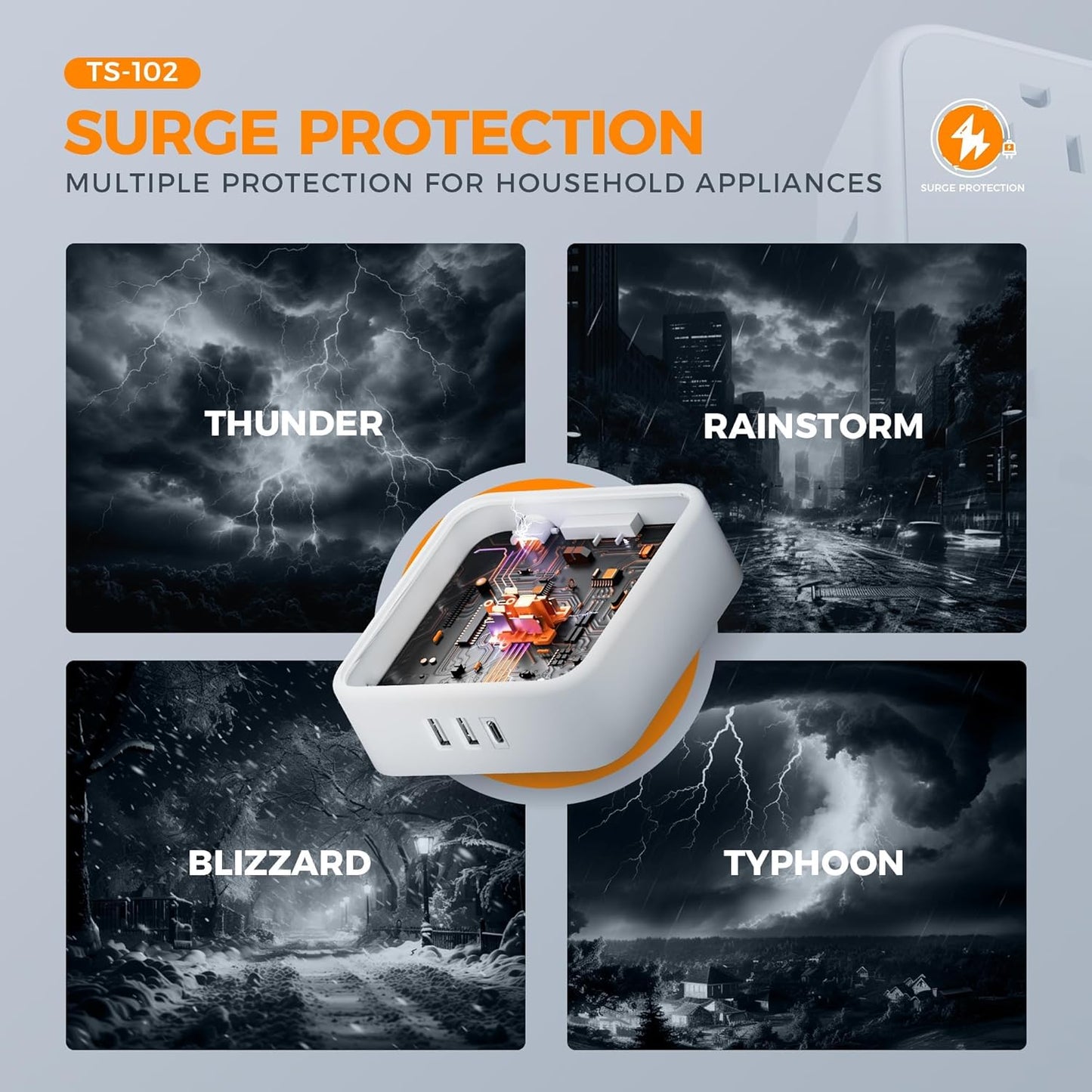 TESSAN Flat Plug Surge Protector Power Strip - 4 Outlets & 3 USB Ports (1 USB-C), 5ft Dorm/Home Office Charging Station, Gray