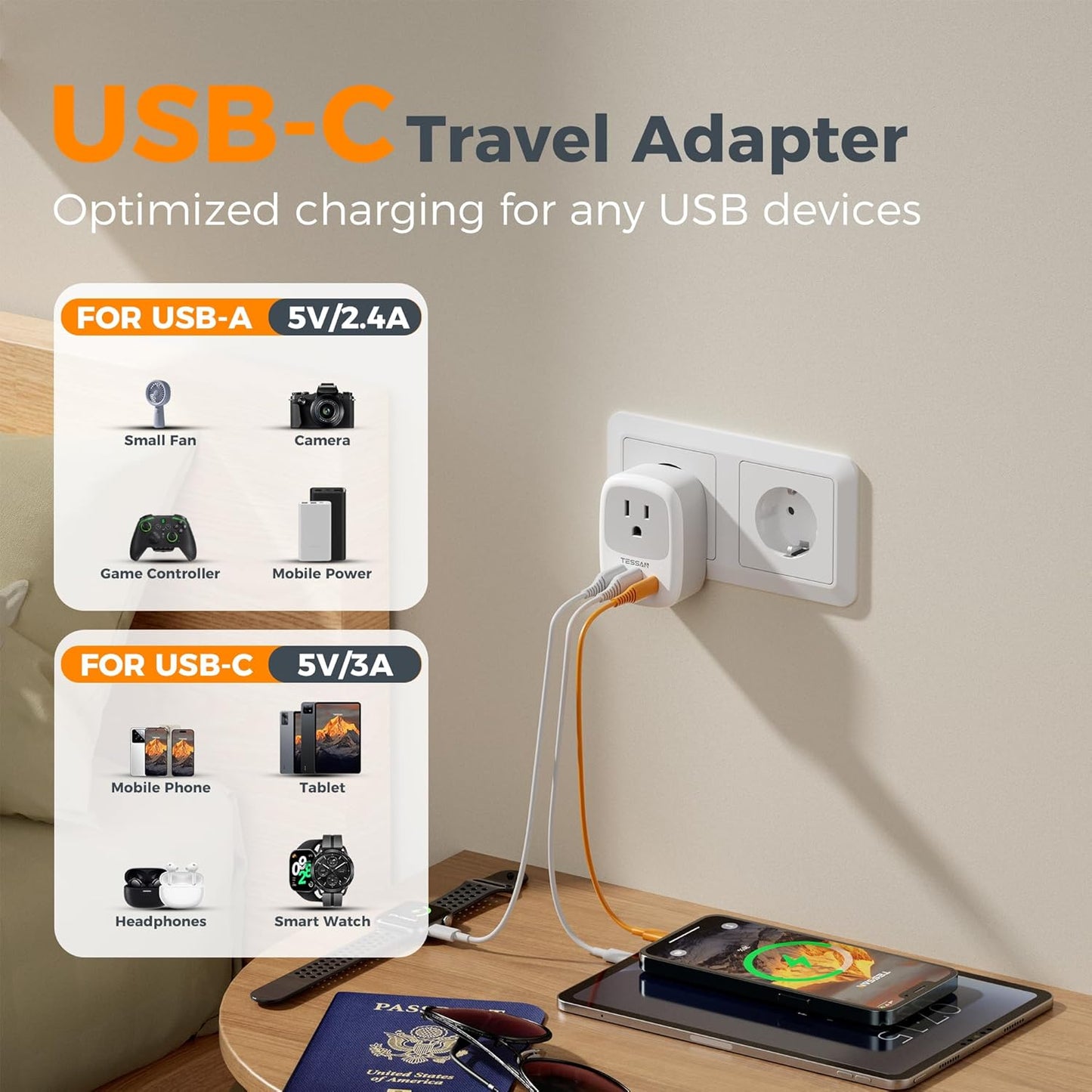 TESSAN Type C Plug Adaptor with 1 Outlet and 3 USB Ports