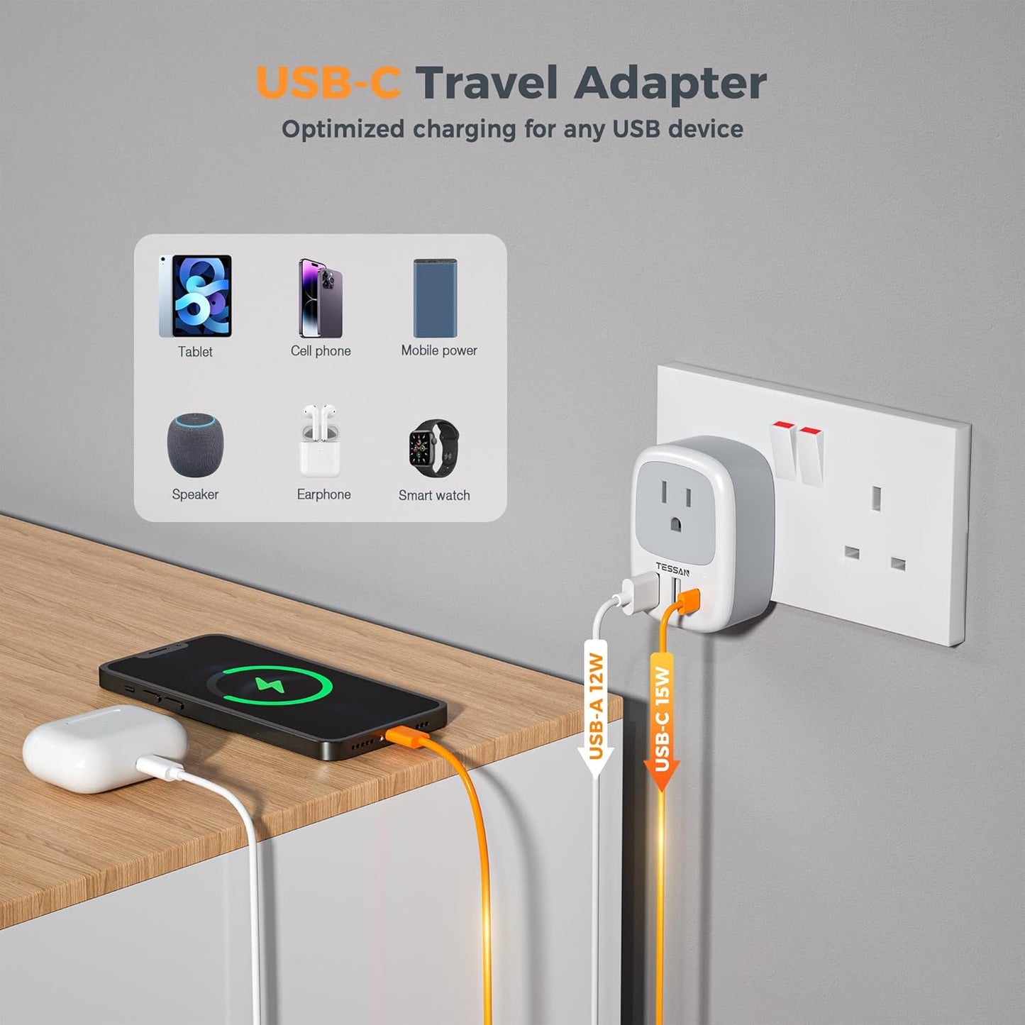 TESSAN Canada to UK Travel Adapter with 1 Outlet & 3 USB Ports