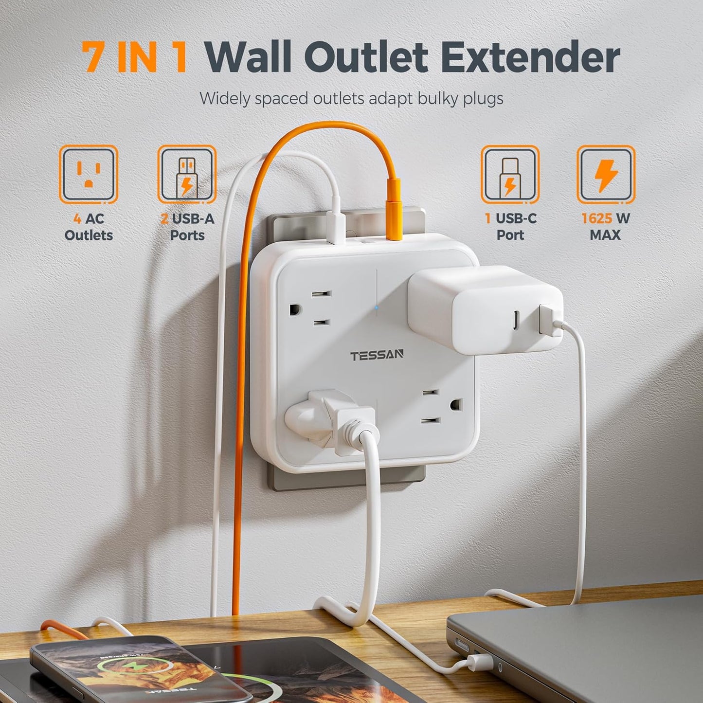 TESSAN 4 Multi Plug Outlet Splitter with USB Ports