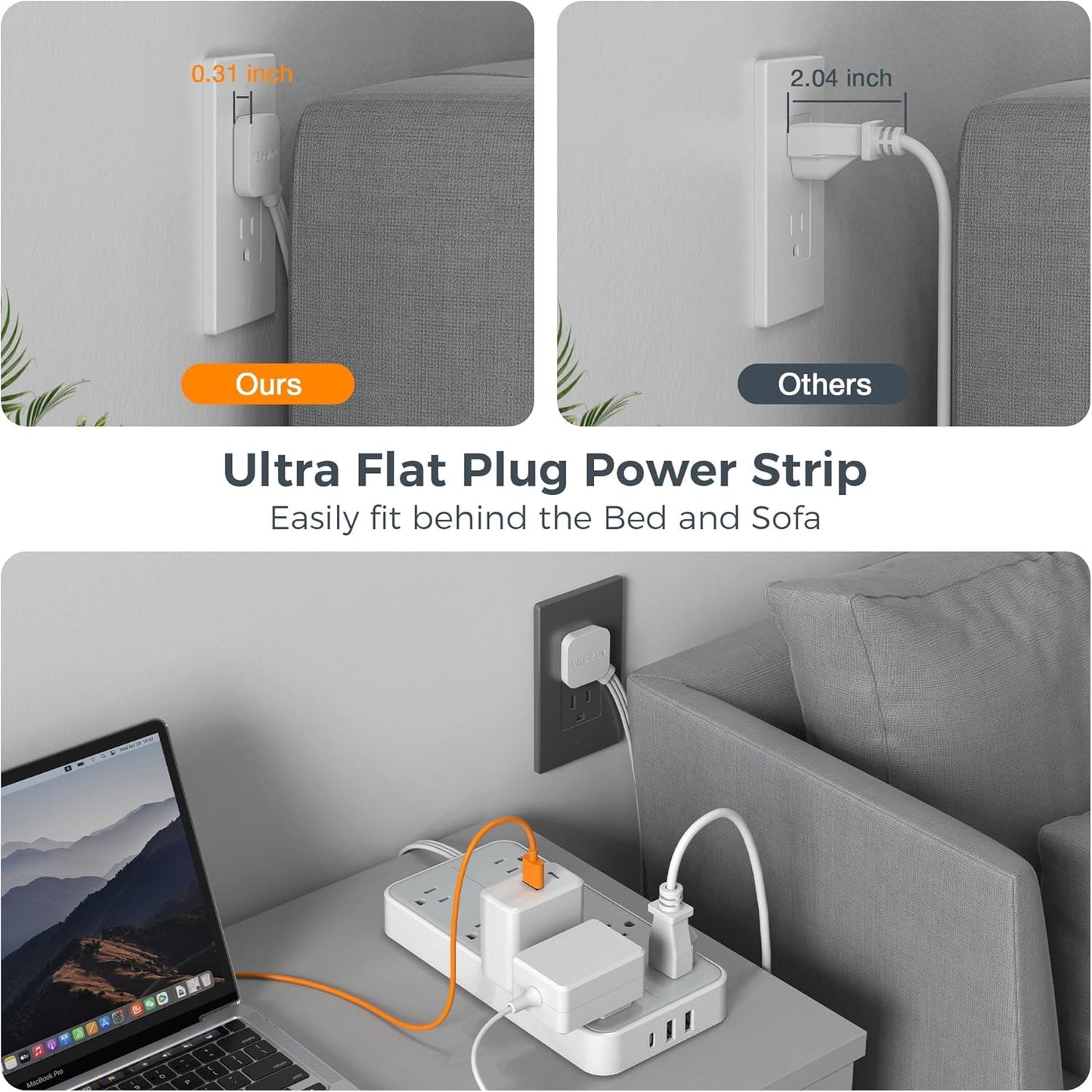 TESSAN Flat Plug Power Bars with Surge Protector 1080J