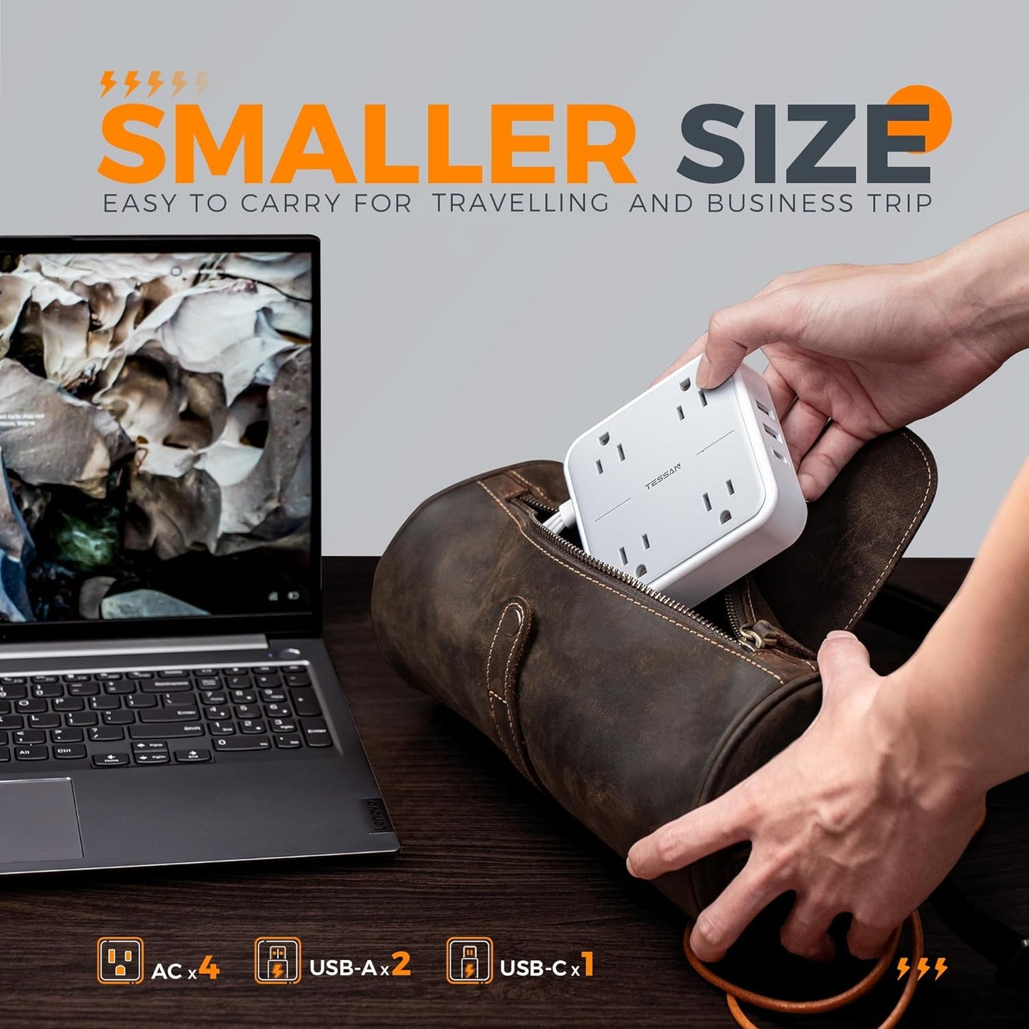 TESSAN Flat Plug Surge Protector Power Strip - 4 Outlets & 3 USB Ports (1 USB-C), 5ft Dorm/Home Office Charging Station, Gray