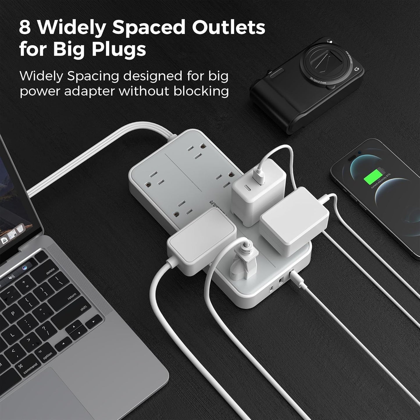 TESSAN Flat Plug Power Bars with Surge Protector 1080J