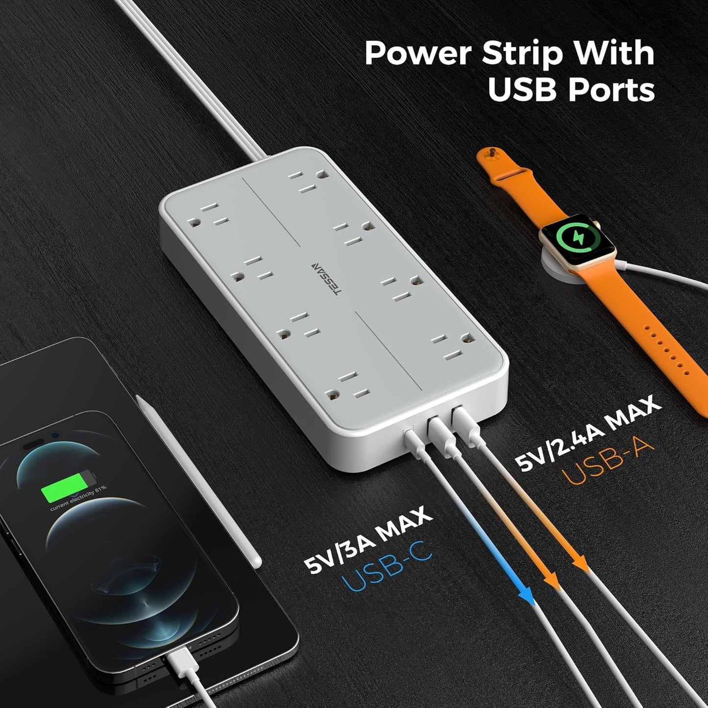 TESSAN Flat Plug Power Bars with Surge Protector 1080J