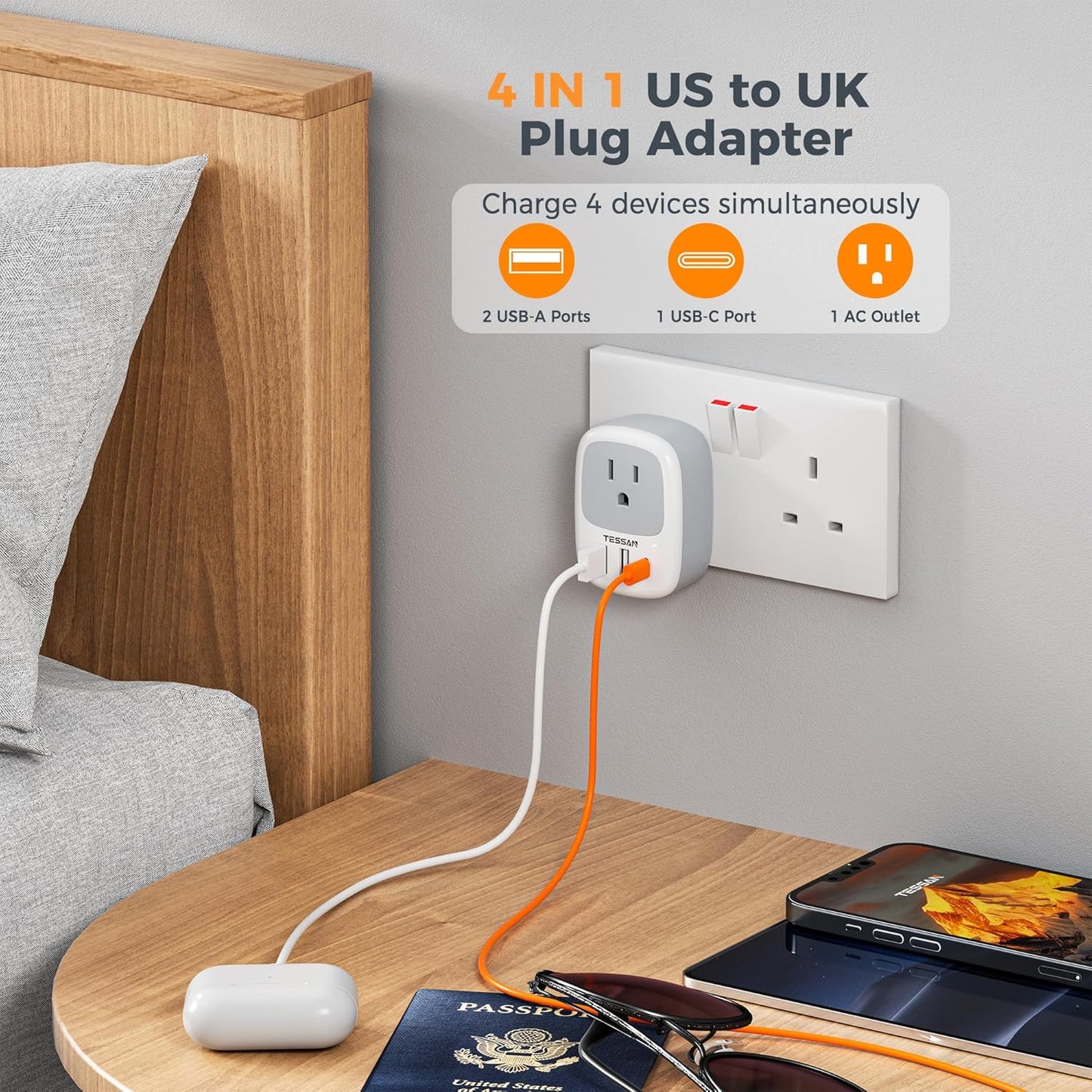 TESSAN Canada to UK Travel Adapter with 1 Outlet & 3 USB Ports