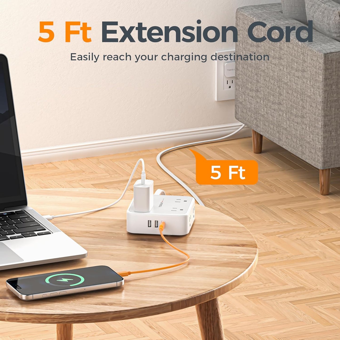 TESSAN 5 Ft Extension Cord Flat Plug Power Bar