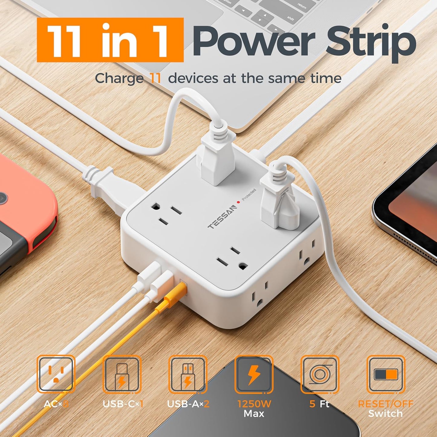 TESSAN 5 Ft Extension Cord Flat Plug Power Bar