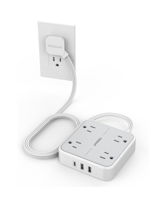 TESSAN Flat Plug Surge Protector Power Strip - 4 Outlets & 3 USB Ports (1 USB-C), 5ft Dorm/Home Office Charging Station, Gray